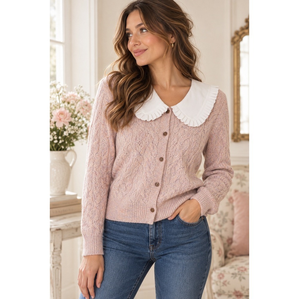 ModCloth Pink Peter Pan Collar Cardigan M Coquette Twee Preppy Cable Knit